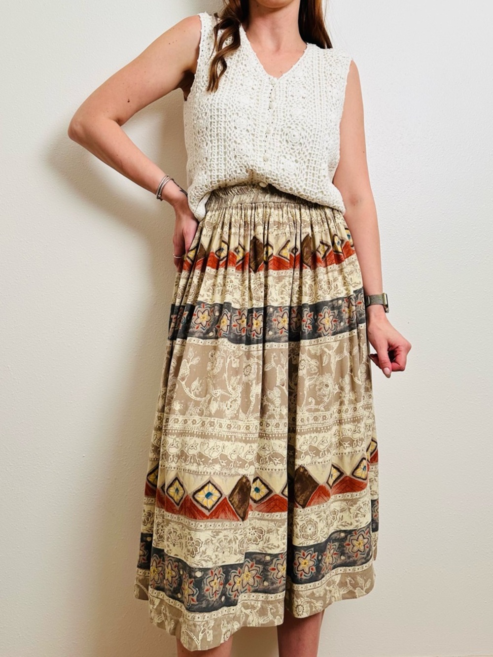 Vintage Coldwater Creek Rayon Skirt Petite Tribal Boho Aztec Pattern Made in USA - Picture 4 of 11